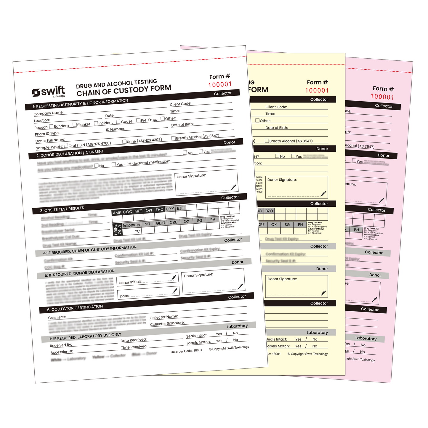 Three copies of drug and alcohol testing chain of custody forms from Swift on a white background.