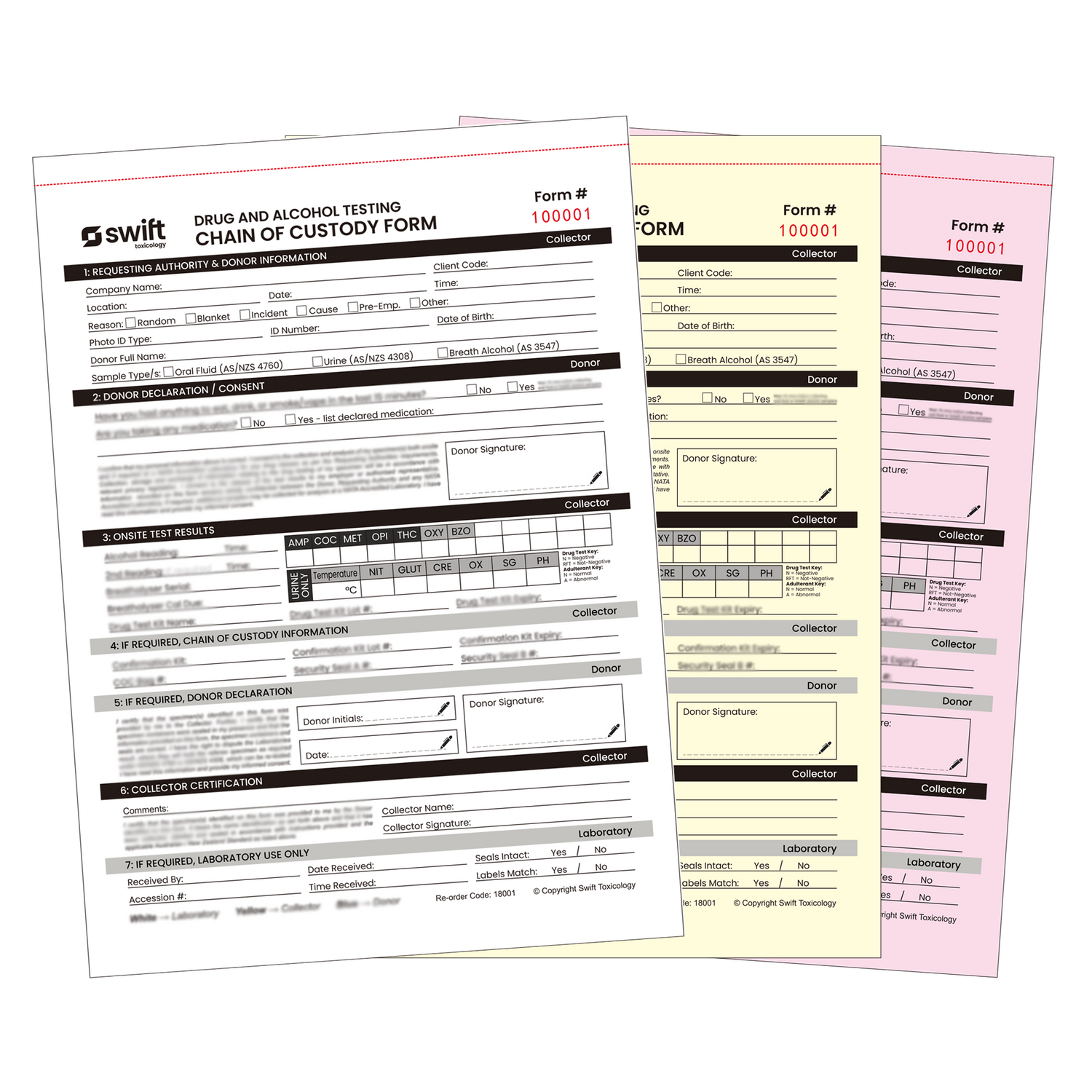 Three copies of drug and alcohol testing chain of custody forms from Swift on a white background.