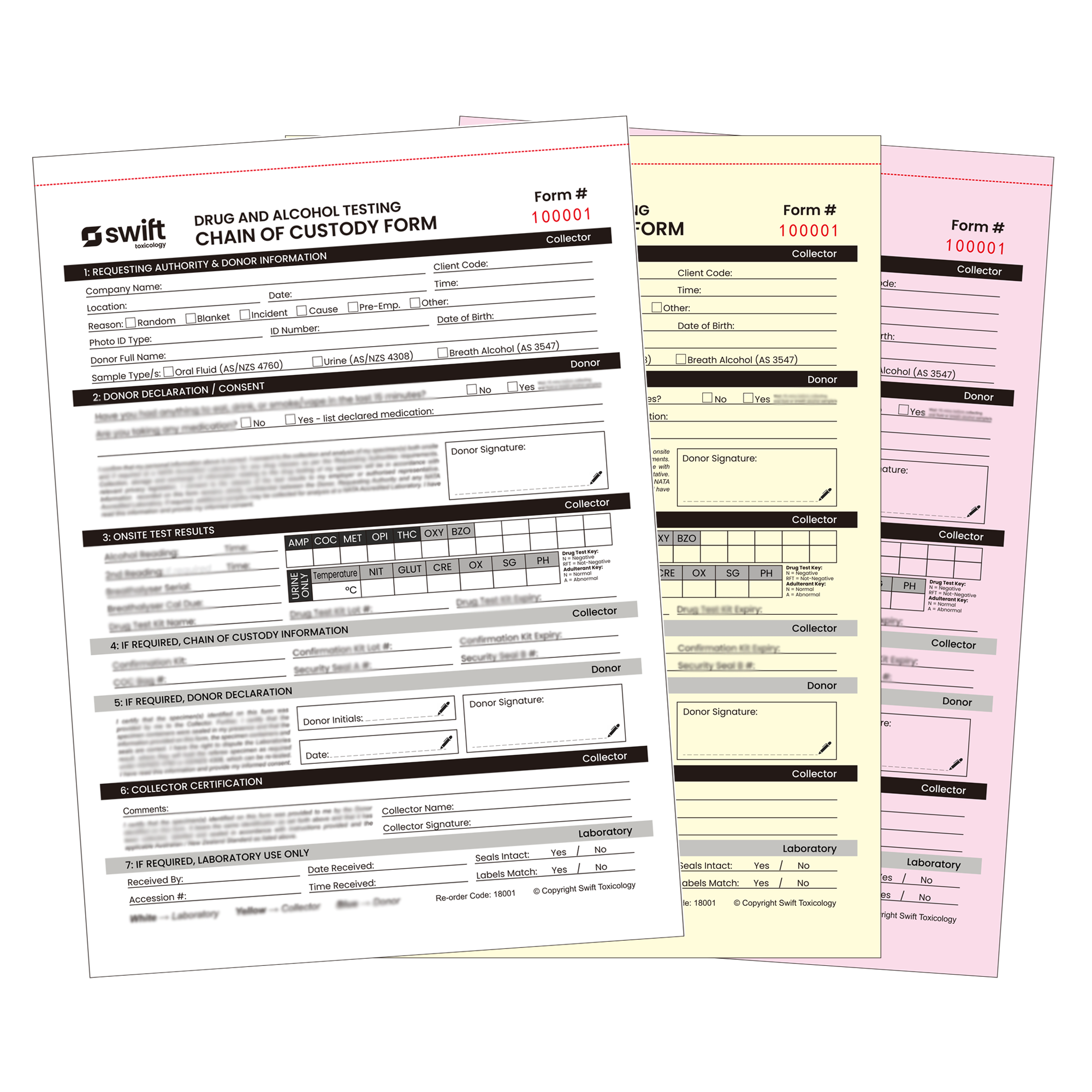 Three copies of drug and alcohol testing chain of custody forms from Swift on a white background.