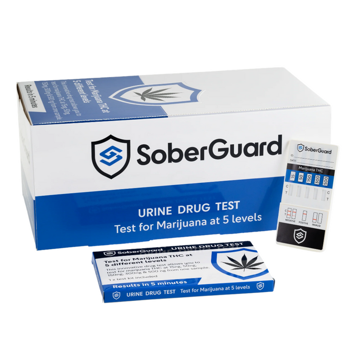 SoberGuard urine drug test kit with packaging and sample on a white background